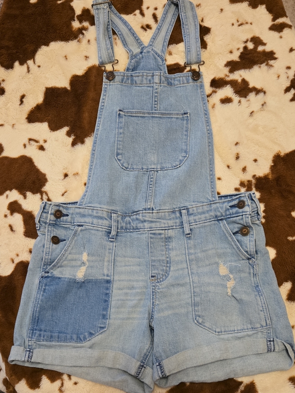 Hollister Light Blue Denim Short Overalls with Distressed Patch